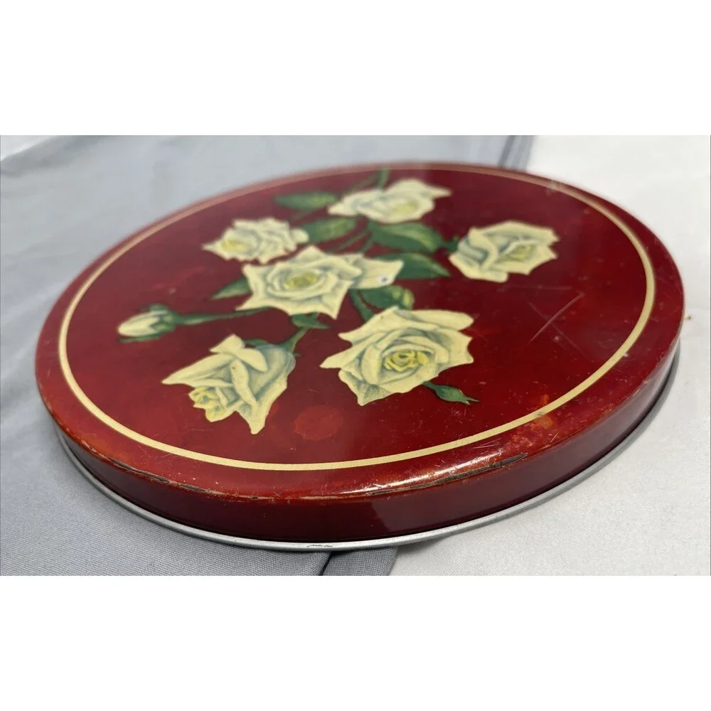 Vintage Red Rose Tin Container Flower Candy Cookie White Roses Storage Decor